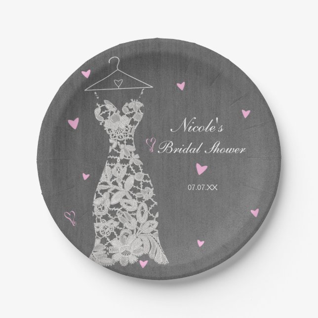 Modern Lace Wedding Dress Grey Chic Bridal Shower Paper Plate (Front)