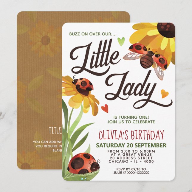 Modern Lady Bug Birthday Invitation (Front/Back)