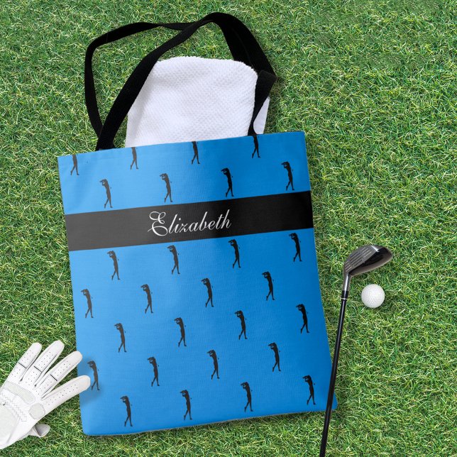 Modern Lady Golfer Blue Custom Name  Tote Bag (Creator Uploaded)