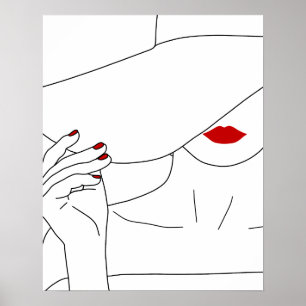 Modern Lady In Hat With Red Lipstick Line Art Poster