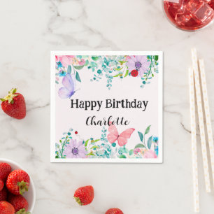 Modern Ladybug Butterfly colourful flower Birthday Napkin