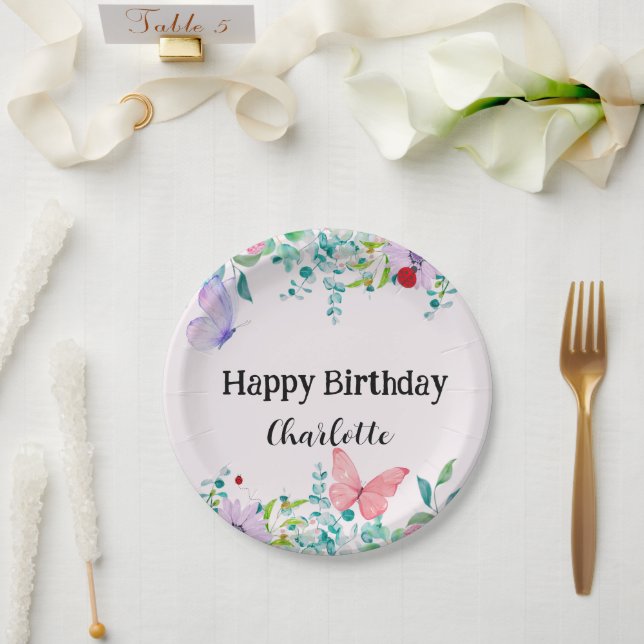 Modern Ladybug Butterfly colourful flower Birthday Paper Plate (Wedding)