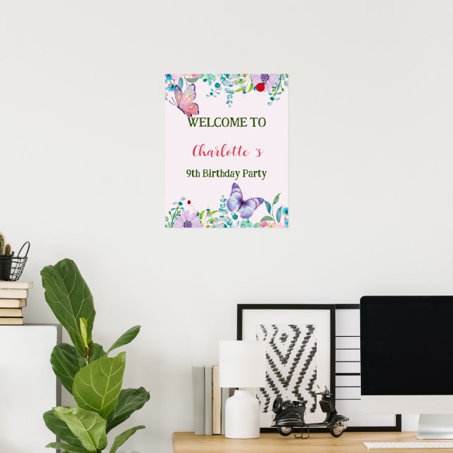 Modern Ladybug Butterfly Gradient flower Birthday Poster (Home Office)