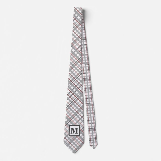 Modern {laid Silver Grey Red Monogram Gift For Him Tie (Front)