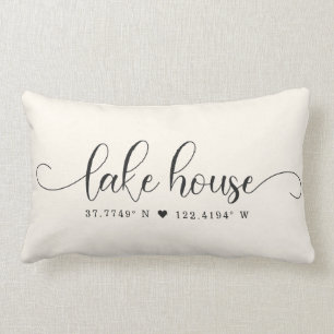Modern Lake House Chic Script Custom Coordinates Lumbar Cushion