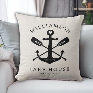 Modern Lake House Family Name Anchor Oars Paddles  Cushion