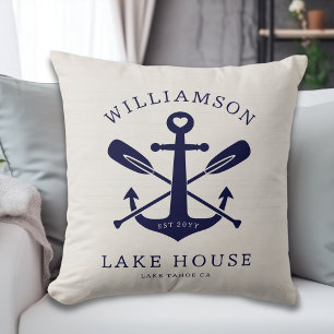 Modern Lake House Family Name Anchor Oars Paddles Cushion