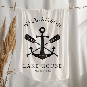 Modern Lake House Family Name Anchor Oars Paddles Fleece Blanket