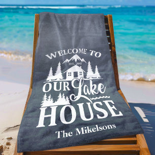 Modern Lake House Family Name Beach Towel