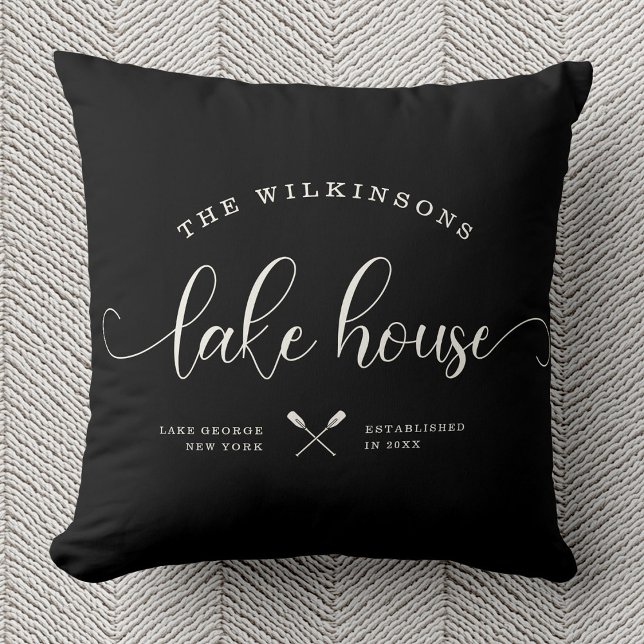 Modern Lake House Family Name Brush Script Black Cushion (Creator Uploaded)