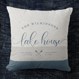 Modern Lake House Family Name Brush Script Blue Cushion