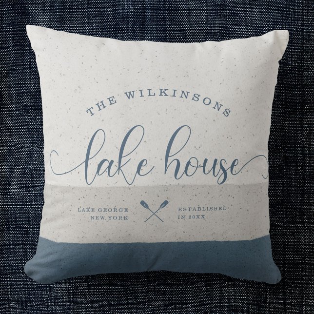 Modern Lake House Family Name Brush Script Blue Cushion (Creator Uploaded)
