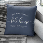 Modern Lake House Family Name Brush Script Blue Cushion<br><div class="desc">Modern,  chic brush script reading LAKE HOUSE alongside your family name in a trendy typography driven design. Great custom home decor pillow for your home away from home. Both romantic and stylish,  our dusty navy blue pillow features a sweet canoe illustration between your location and the year established.</div>