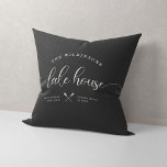 Modern Lake House Family Name Brush Script Grey Cushion<br><div class="desc">Modern,  chic brush script reading LAKE HOUSE alongside your family name in a trendy typography driven design. Great custom home decor pillow for your home away from home. Both romantic and stylish,  our neutral charcoal grey pillow features a sweet canoe illustration between your location and the year established.</div>
