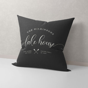 Modern Lake House Family Name Brush Script Grey Cushion
