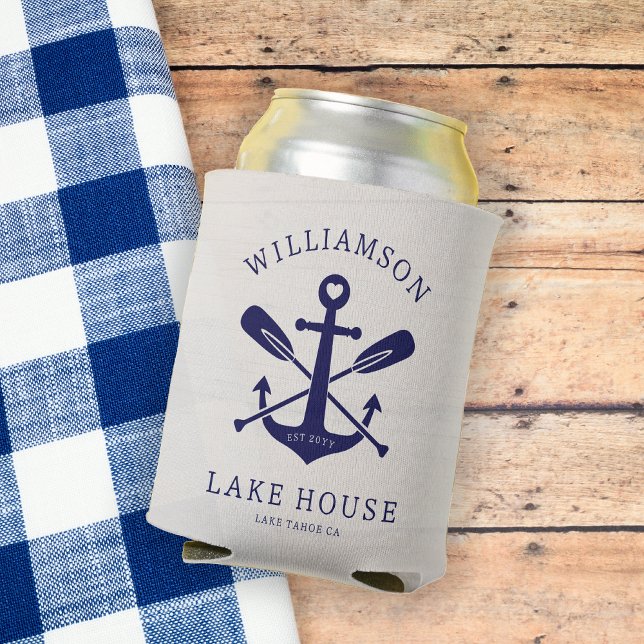Modern Lake House Family Name Nautical | Navy Blue Can Cooler (Creator Uploaded)