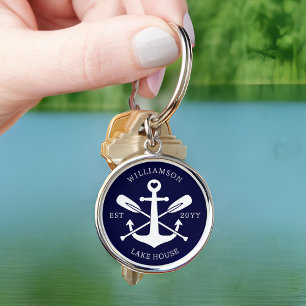 Modern Lake House Family Name Nautical Navy Blue Key Ring
