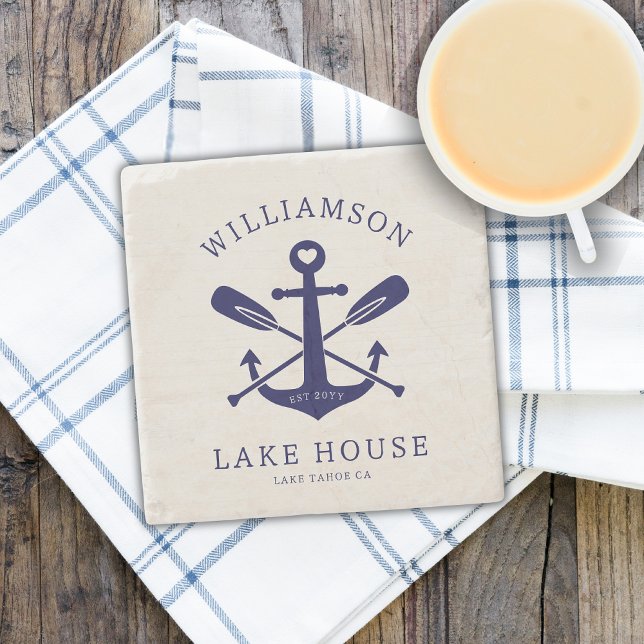 Modern Lake House Family Name Nautical | Navy Blue Stone Coaster (Creator Uploaded)
