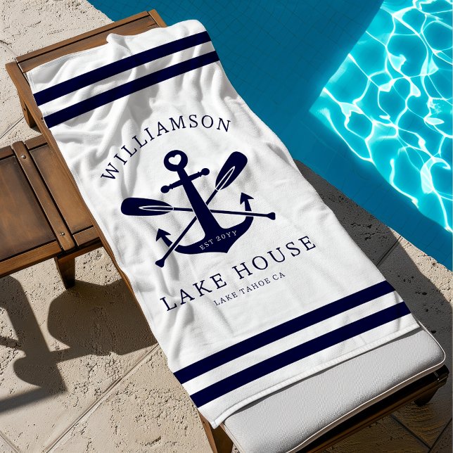 Modern Lake House Family Name Nautical White Blue Beach Towel (Creator Uploaded)