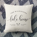 Modern Lake House Family Name Script Location Cushion<br><div class="desc">Modern,  chic script calligraphy reading LAKE HOUSE alongside your family name in a trendy typography driven design. Great custom home decor pillow for your home away from home. Both romantic and stylish,  our neutral ivory cream pillow features a sweet canoe illustration between your location and the year established.</div>