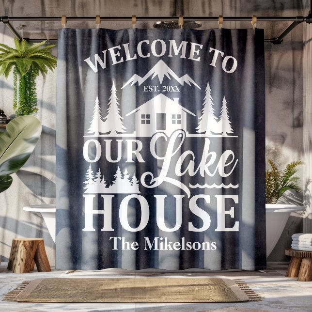 Modern Lake House Family Name Shower Curtain (Creator Uploaded)