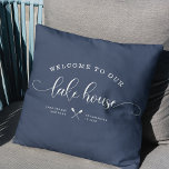 Modern Lake House Family Name Welcome Script Blue Cushion<br><div class="desc">Modern, chic brush script reading WELCOME TO OUR LAKE HOUSE in a trendy typography driven design. Great custom home decor pillow for your home away from home. Both romantic and stylish, our dusty navy blue pillow features a sweet canoe illustration between your location and the year established. Works great for...</div>