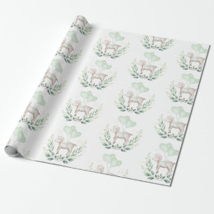 Modern Lamb Baby Sheep with Balloon & Greenery Wrapping Paper