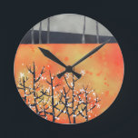 Modern Landscape Art Orange Round Clock<br><div class="desc">Contemporary landscape painting of blackthorn blossom in burnt orange,  white and grey.  Original art by Nic Squirrell.</div>