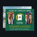 Modern Landscape Photo Postcard Editable Template<br><div class="desc">Stand out at your next event or expo with this fully customisable landscape green and gold photo postcard. Designed for maximum visual impact, the front features three vertical photo slots on a clean white background—perfect for showcasing key moments, branding, or team highlights. The back includes a full-image layout and a...</div>