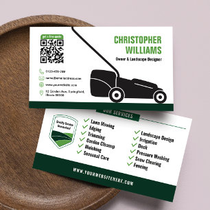 Modern Landscaping Lawn Mowing White Green QR Code Business Card
