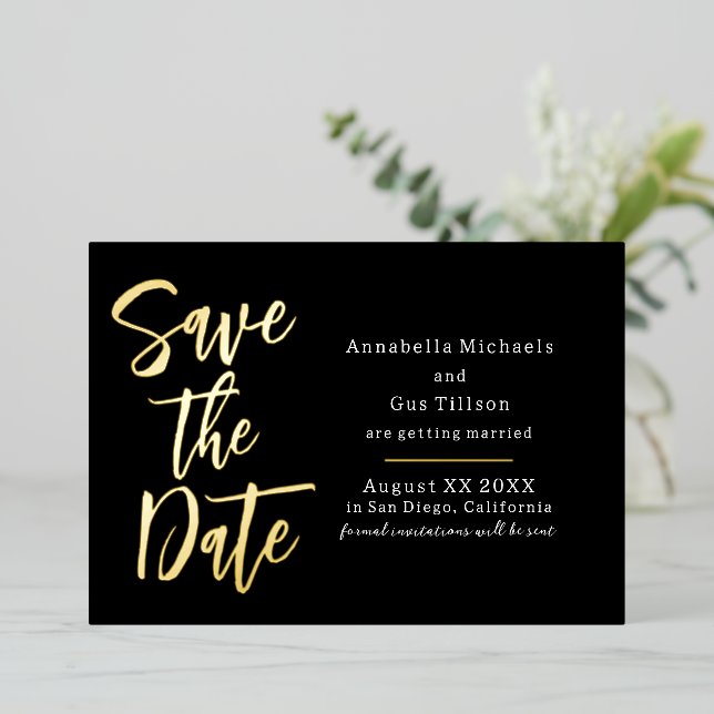 Modern Large Font on Black Save the Date (Standing Front)