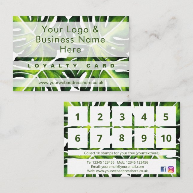 Modern large green palm leaf design Loyalty Business Card (Front/Back)