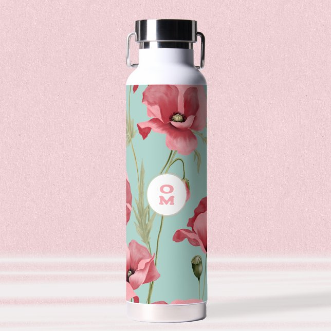 Modern Large Pink  Poppy Wildflower Monogram  Water Bottle (Turquoise Poppy Monogram Water Bottle ©Susanne Sachers - Sunny Mind Design 🌞)