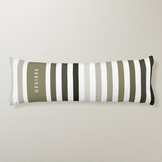 Modern Large Stripes and Name in Dried Herb Green Body Cushion (Front)