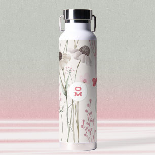 Modern Large Wildflower Monogram Light Pink Green Water Bottle