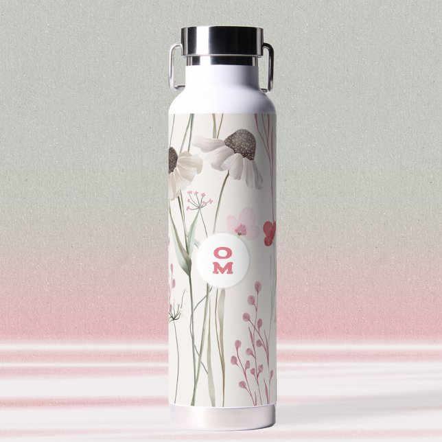 Modern Large Wildflower Monogram Light Pink Green Water Bottle (Mauve Sage Wildflower Monogram Water Bottle ©Susanne Sachers - Sunny Mind Design 🌞)
