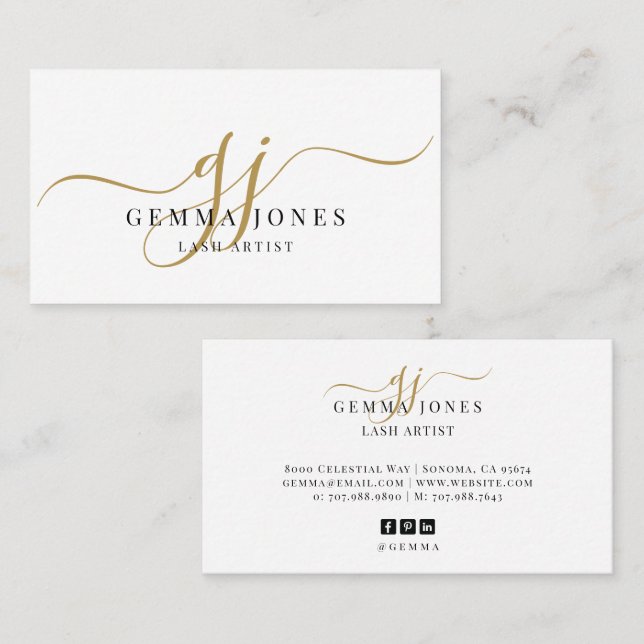 Modern Lash Artist Gold Script Monogram Name Business Card (Front/Back)