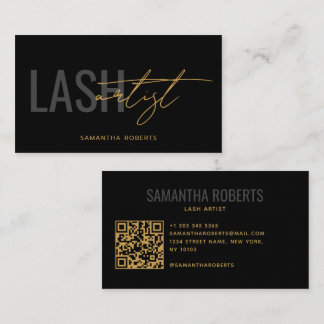 Modern lash artist QR Code black gold Business Card
