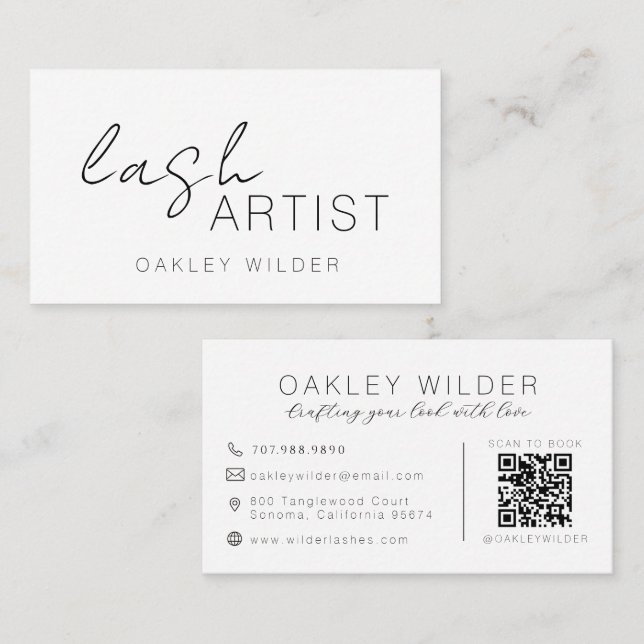 Modern Lash Artist Script QR Code Business Card (Front/Back)