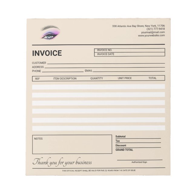 Modern Lash / Brow Artist Invoice / Receipt Notepad (Front)