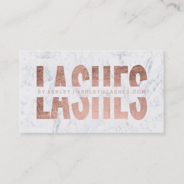 modern lashes cut out rose gold typography marble business card (Front)