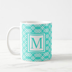 Modern Lattice Geo Monogram Turquoise & White Coffee Mug