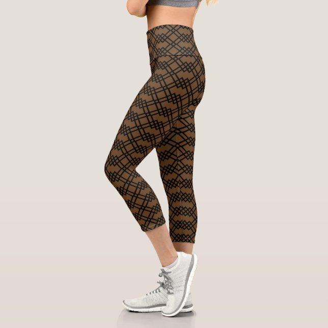 Modern Lattice Geometric Black & Chocolate Brown Capri Leggings (Left)