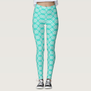 Modern Lattice Geometric Bright Turquoise & White Leggings