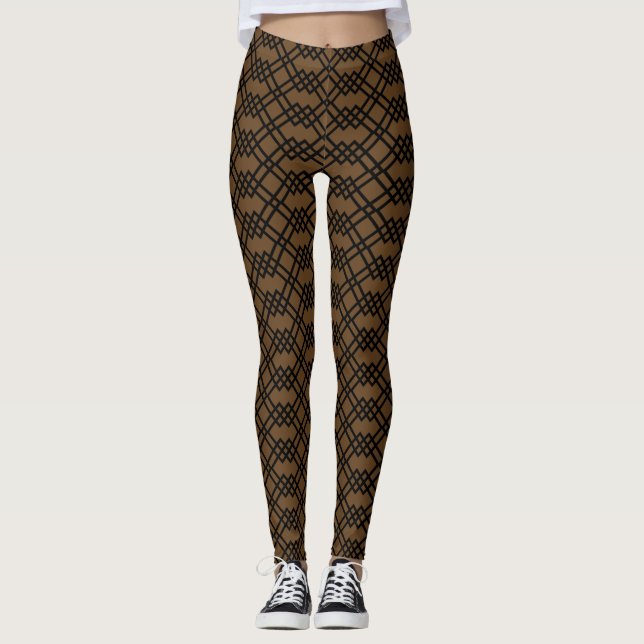 Modern Lattice Geometric Chocolate Brown & Black Leggings (Front)