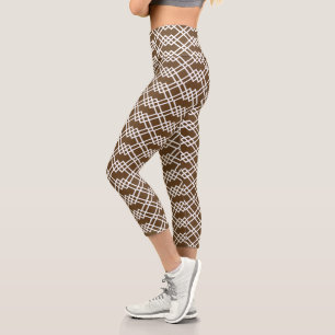 Modern Lattice Geometric Chocolate Brown & White Capri Leggings