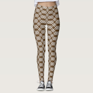 Modern Lattice Geometric Chocolate Brown & White Leggings
