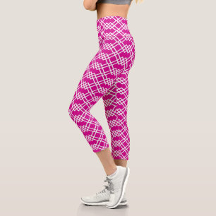 Modern Lattice Geometric Raspberry Pink & White Capri Leggings