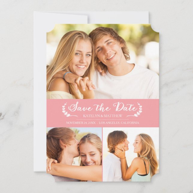 Modern Laurel Save the Date Photo Card / Pink (Front)