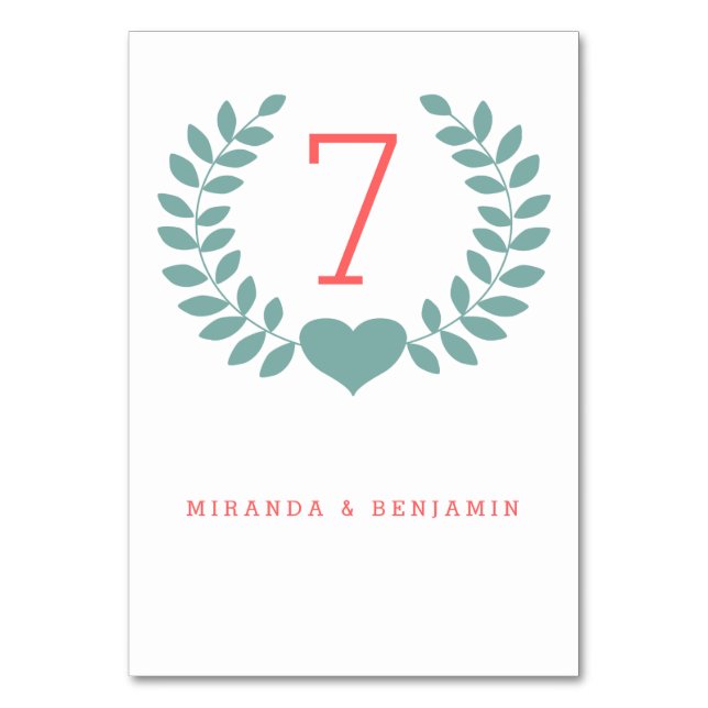 Modern Laurel Wedding Table Number Card (Front)